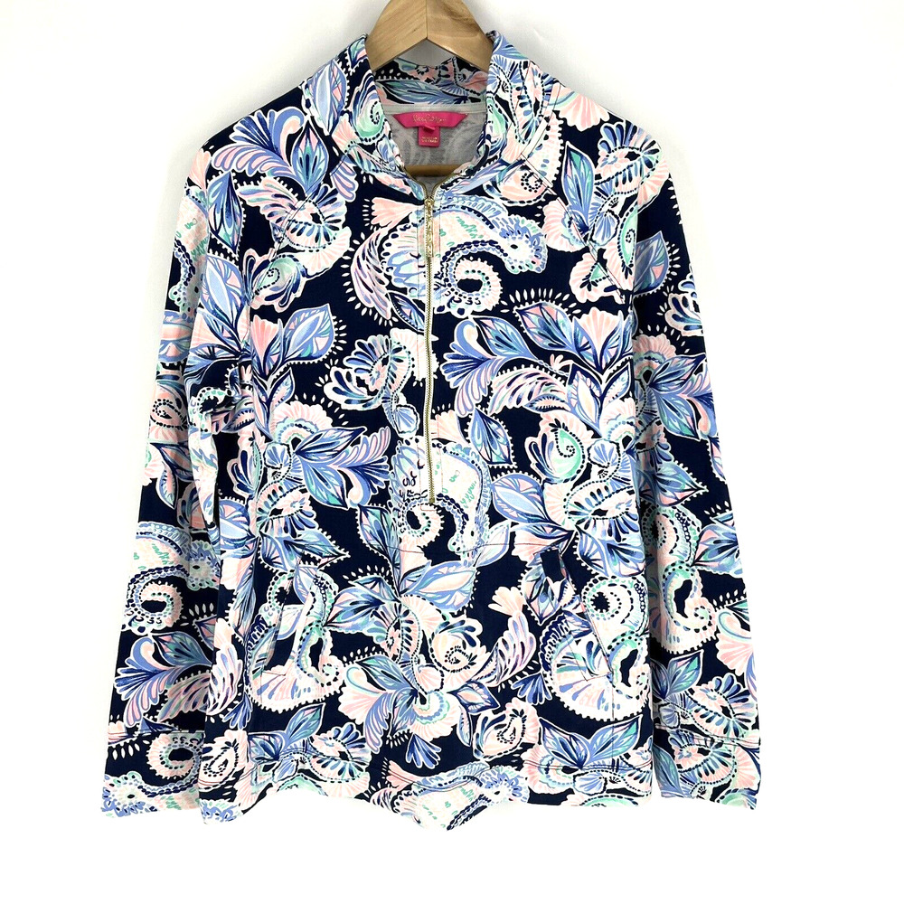 Lilly Pulitzer Shirt Size XL Navy Print High Tide Holy Flockamolie Skipper Top